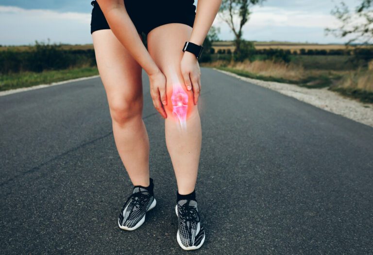 Sporty woman who suffered an ACL injury during the run