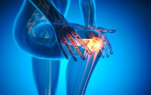 3D illustration of an X-ray showing a man with knee joint pain.